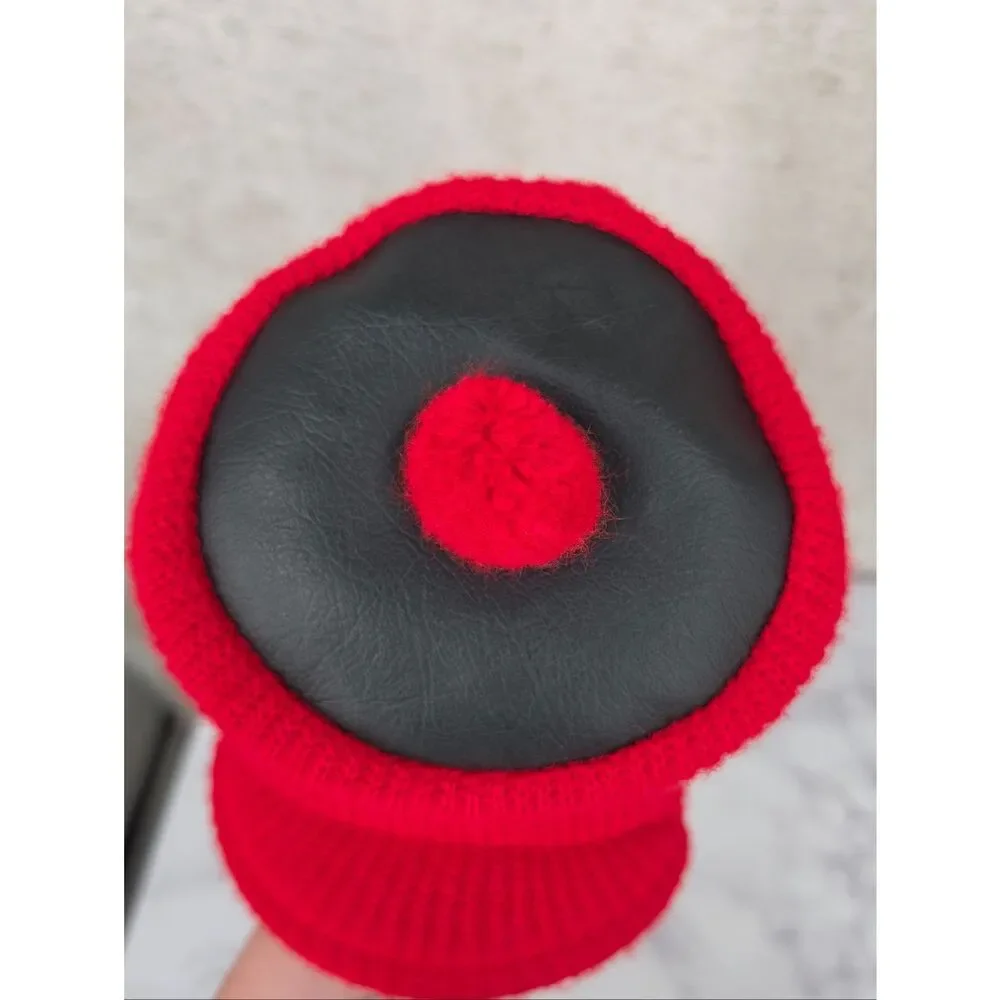 Vintage Red Knit Pom Pom Hat with Black Stripe 60s 70s Infant or Toddler